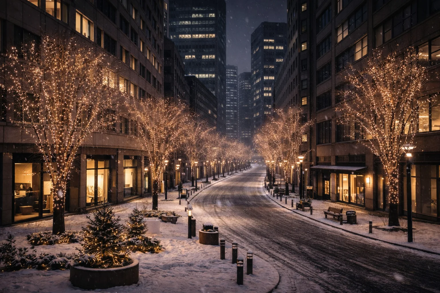 年末年始休業のお知らせに使用する、イルミネーションが灯る冬の東京オフィス街の夜景
