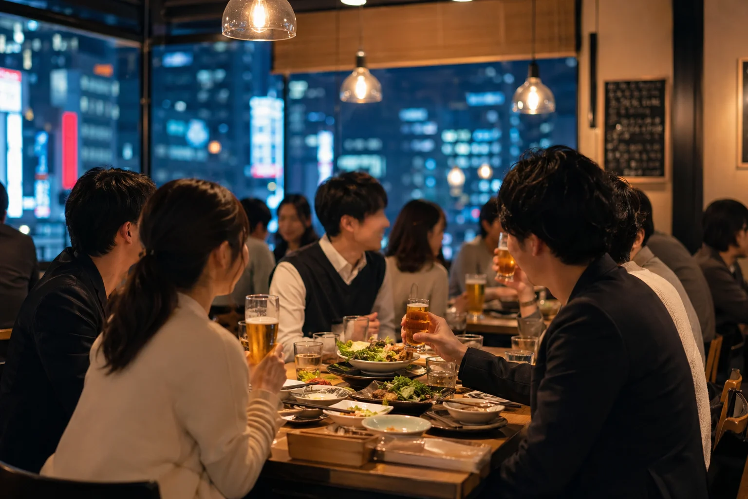 社内イベント（お花見）で食事と会話を楽しむ様子（新宿）